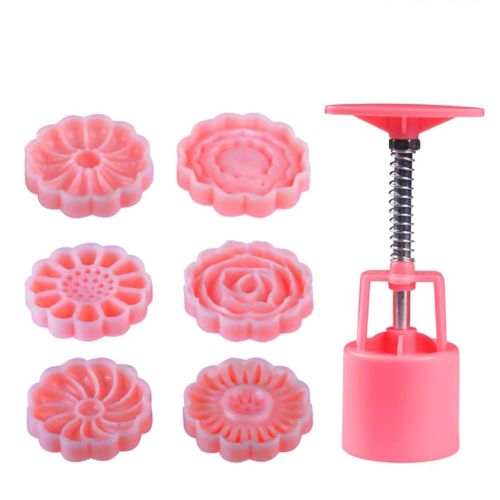  Lyanther DIY Moon Kuchen Schimmel Mooncake Fodant Geschenk Hand Druck Typ Backform Backen Werkzeug (Round 6 Pink Set)