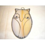 /LynTignorStainedGlas LT Stained glass Owl sun catcher light catcher made with light tan cream opal glass