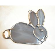 LynTignorStainedGlas LT Stained glass Bunny Rabbit suncatcher light catcher gray grey glass USA hand made