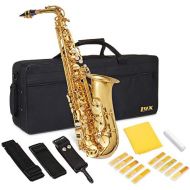 LyxJam Alto Saxophone E Flat Brass Sax Beginners Kit, Mouthpiece, Neck Strap, Cleaning Cloth Rod, Gloves, Hard Carrying Case With Removable Straps,10 Bonus Reeds - Gold Lacquer