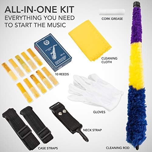  LyxJam Alto Saxophone E Flat Brass Sax Beginners Kit, Mouthpiece, Neck Strap, Cleaning Cloth Rod, Gloves, Hard Carrying Case With Removable Straps,10 Bonus Reeds - Gold Lacquer