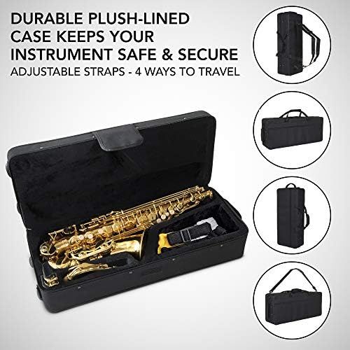  LyxJam Alto Saxophone E Flat Brass Sax Beginners Kit, Mouthpiece, Neck Strap, Cleaning Cloth Rod, Gloves, Hard Carrying Case With Removable Straps,10 Bonus Reeds - Gold Lacquer