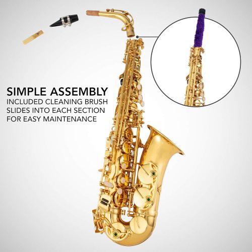  LyxJam Alto Saxophone E Flat Brass Sax Beginners Kit, Mouthpiece, Neck Strap, Cleaning Cloth Rod, Gloves, Hard Carrying Case With Removable Straps,10 Bonus Reeds - Gold Lacquer