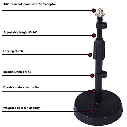  LyxPro Desktop Microphone Stand, 9”- 14” Adjustable Height Desk Mic Holder, Weighted Cast Iron Base, 3/8 - 5/8 adapter screw, Table Top Non slip Rubber Feet
