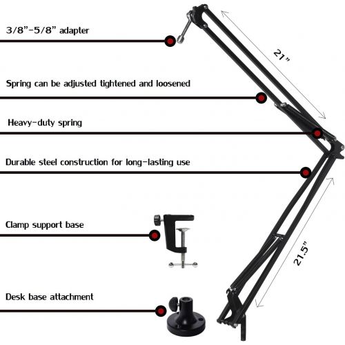  LyxPro DKR-1 Microphone Arm Stand Mount Adjustable Mic Boom Stand Swivel Mount Suspension Scissor & Clip - Desk Attachment and Clamp, Supports Blue Yeti Snowball,Black