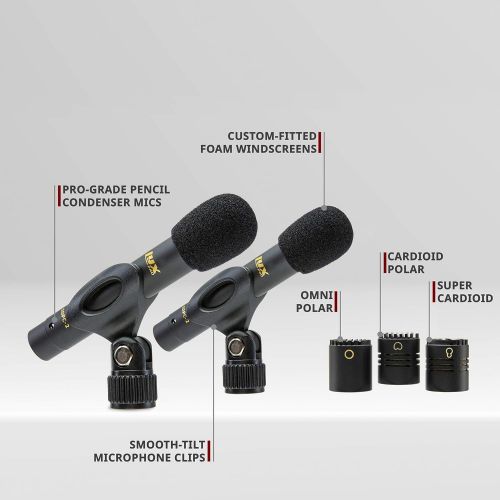  LyxPro SDPC-2 Stereo Pair of Pencil Condenser Stick Instrument Microphone Pair - Interchangeable Omni, Cardioid & Super Cardioid Capsules Included