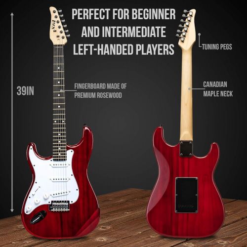  LyxPro Left Hand 39 Inch Electric Guitar and Starter Kit for Lefty Full Size Beginner’s Guitar, Amp, Six Strings, Two Picks, Shoulder Strap, Digital Clip On Tuner, Guitar Cable and