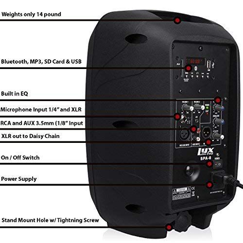  LyxPro SPA-8 Compact 8 Portable PA System 100-Watt RMS Power Active Speaker Equalizer Bluetooth SD Slot USB MP3 XLR 14 18 3.5mm Inputs