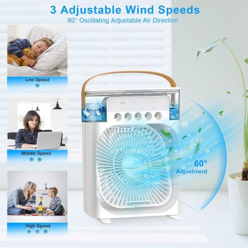  Lzellah Portable Air Conditioner Fan,Personal Mini Small Evaporative Air Cooler with AC adapter,Desktop Cool Humidifier with 7 Colors LED Light,1/2/3 H Timer,3 Speeds & 3 Spray for Room Of