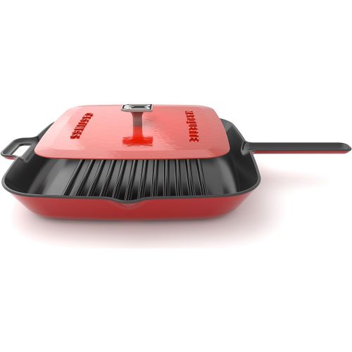  [아마존베스트]Marquette Castings Enameled Grill Pan with Press (Iron Red)