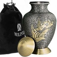 MEILINXU Funeral Urn Adult Ashes, Cremation Urn for Human Ashes Adult - Hand Made in Brass Hand Engraved Display Burial Urn At Home or in Niche at Columbarium (Golden Arcadia Flying Birds,