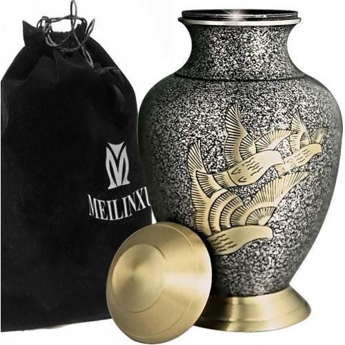  MEILINXU Funeral Urn Adult Ashes, Cremation Urn for Human Ashes Adult - Hand Made in Brass Hand Engraved Display Burial Urn At Home or in Niche at Columbarium (Golden Arcadia Flying Birds,