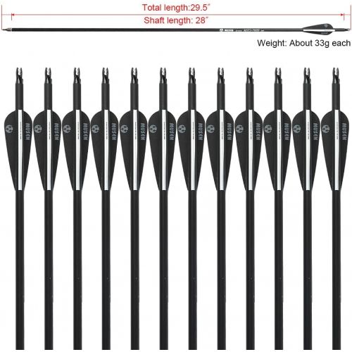  M MUSEN Musen 28/30 Carbon Archery Arrows, Shaft Spine 500 with Removable Tips, GPI 13.0 Hunting and Target Practice Arrows for Both Compound Bow and Recurve Bow, 12 Pcs