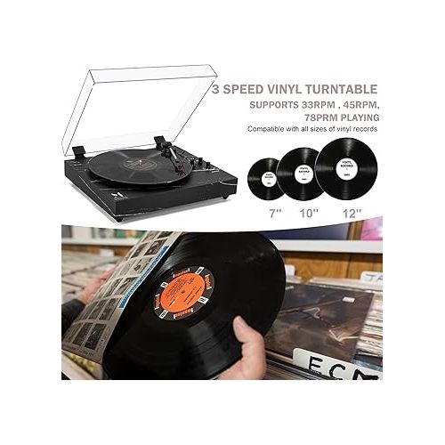  Vintage 3-Speed Turntable Bluetooth Input Record Player Vinyl Record Player with Twin Built-in Stereo Speakers,Auto Stop,RCA Output, Full Size Platter,Acrylic Dust Cover,Black Marble