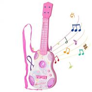 [아마존베스트]M SANMERSEN Kids Toy Guitar Pink Guitar for Kids 4 Strings Children Electric Guitar with Flash Light Educational Learning Guitar Toy for Girls Boys Beginner