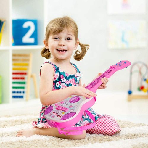  [아마존베스트]M SANMERSEN Kids Toy Guitar Pink Guitar for Kids 4 Strings Children Electric Guitar with Flash Light Educational Learning Guitar Toy for Girls Boys Beginner