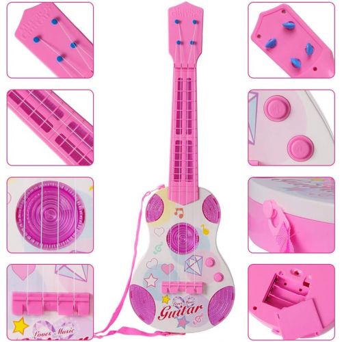  [아마존베스트]M SANMERSEN Kids Toy Guitar Pink Guitar for Kids 4 Strings Children Electric Guitar with Flash Light Educational Learning Guitar Toy for Girls Boys Beginner