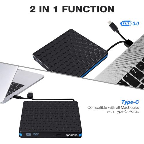  [아마존베스트]External DVD Drive, M WAY USB 3.0 Type C CD Drive, Dual Port DVD Player, Portable Optical Burner Writer Rewriter, High Speed Data Transfer for Laptop Notebook Desktop PC MAC OS Win