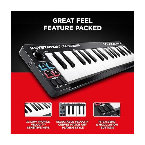  M-Audio Keystation Mini 32 MK3 - USB MIDI Keyboard Controller with 32 Velocity Sensitive Mini Keys and Recording Software Included