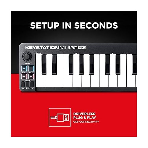  M-Audio Keystation Mini 32 MK3 - USB MIDI Keyboard Controller with 32 Velocity Sensitive Mini Keys and Recording Software Included