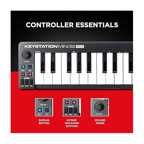  M-Audio Keystation Mini 32 MK3 - USB MIDI Keyboard Controller with 32 Velocity Sensitive Mini Keys and Recording Software Included
