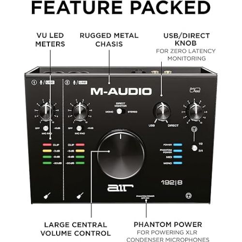  M-Audio AIR 192x8 USB C MIDI Audio Interface for Recording Music, Vocal, Guitar with Studio Quality, 2 XLR in, RCA outs and Music Production Software