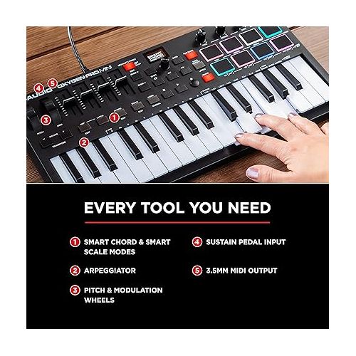  M-Audio Oxygen Pro Mini - 32 Key USB MIDI Keyboard Controller With Beat Pads, MIDI assignable Knobs, Buttons & Faders and Software Suite Included