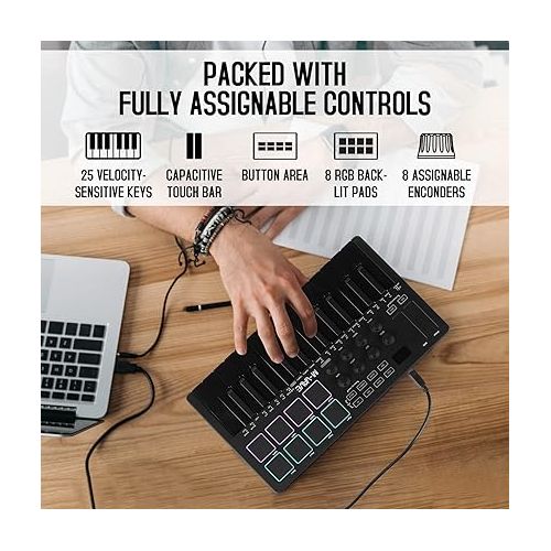  M-WAVE 25 Key USB MIDI Keyboard Controller With 8 Backlit Drum Pads, Bluetooth Semi Weighted Professional dynamic keybed 8 Knobs and Music Production,Software Included (Black)