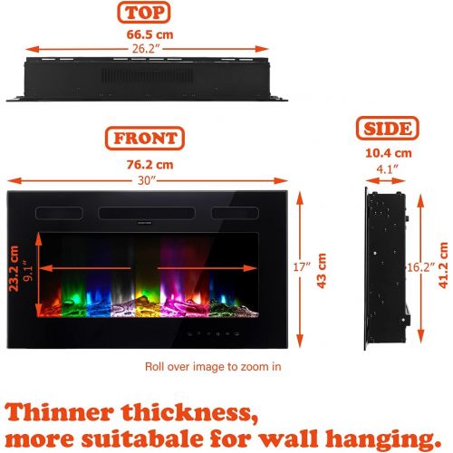  M.C.Haus Ultra Thin Electric Fireplace, Low Noise, 12 Different Flames, Recessed Wall Mounted, Free Standing, Glass Touch Screen and Remote Control, with Crystal and Log, 30 Inch