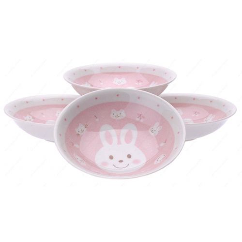  M.V. Trading MV0314APK Japanese Round Deep Soup Plate with Rabbit Design, 6½-Inch, PInk, Set of 4