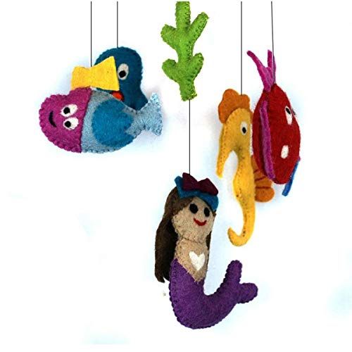  MABCO Mermaid Sea Ocean Theme - Hanging Baby Nursery Decor Crib Mobile - Handmade 100% Natural Felted Wool (Red)