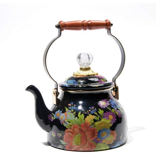  MacKenzie-Childs Flower Market Enamel Tea Kettle, Decorative Floral Teapot, 2-Quart Tea Kettle, Black