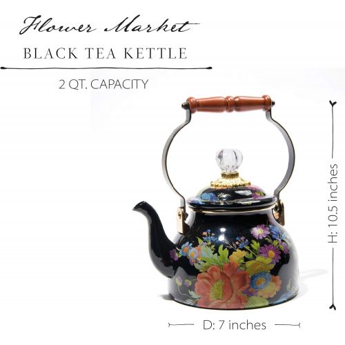  MacKenzie-Childs Flower Market Enamel Tea Kettle, Decorative Floral Teapot, 2-Quart Tea Kettle, Black