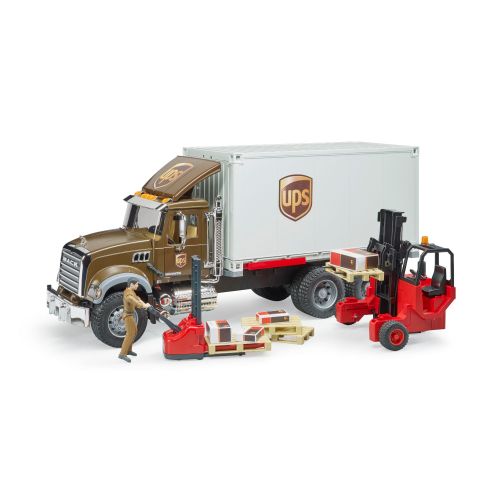  Bruder Toys Pretend Play MACK Granite UPS Logistics Truck w Forklift + Pallets