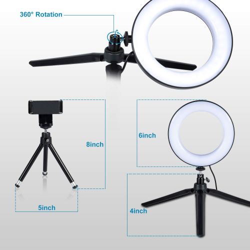  MACTREM LED Ring Light 6 with Tripod Stand for YouTube Video and Makeup, Mini LED Camera Light with Cell Phone Holder Desktop LED Lamp with 3 Light Modes & 11 Brightness Level (6)