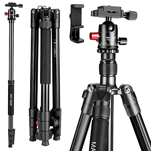  MACTREM Professional Camera Tripod with Phone Mount, 62 DSLR Tripod for Travel, Super Lightweight and Reliable Stability, Ball Head Tripod Detachable Monopod with Carry Bag (Black)