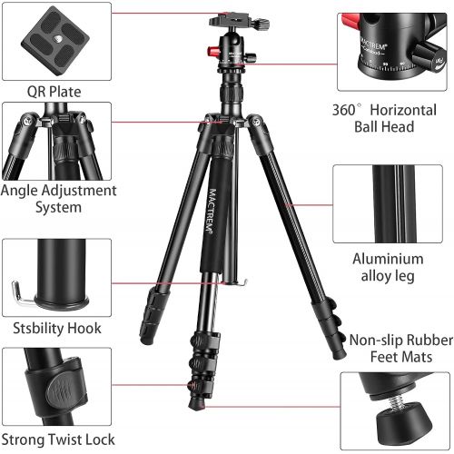  MACTREM Professional Camera Tripod with Phone Mount, 62 DSLR Tripod for Travel, Super Lightweight and Reliable Stability, Ball Head Tripod Detachable Monopod with Carry Bag (Black)