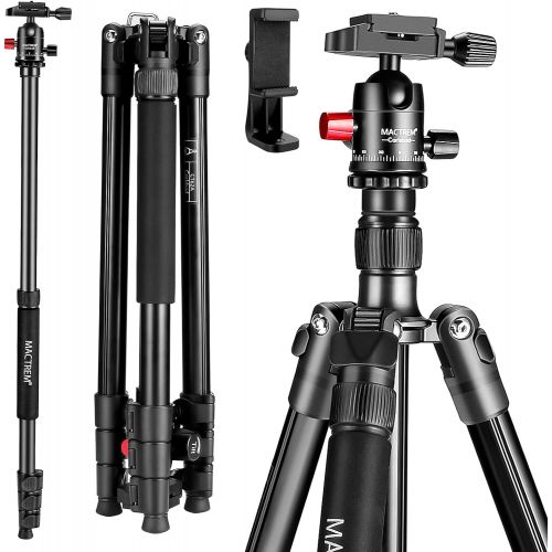  MACTREM Professional Camera Tripod with Phone Mount, 62 DSLR Tripod for Travel, Super Lightweight and Reliable Stability, Ball Head Tripod Detachable Monopod with Carry Bag (Black)