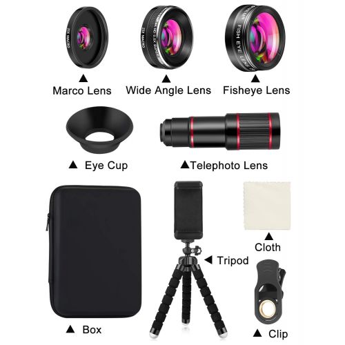  MACTREM Phone Camera Lens, 20X Telephoto Lens + 205° Fisheye Lens + 0.5X Ultra Wide Angle Lens + 25X Super Macro Lens, 7 in 1 Phone telephoto Lens for iPhone 8 7 6 6s Plus X XS Max