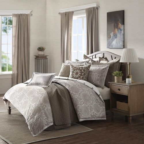  MADISON PARK SIGNATURE Madison Park Signature Shades Of Grey King Size Bed Comforter Duvet 2-In-1 Set Bed In A Bag - Grey , Geometric  9 Piece Bedding Sets  Ultra Soft Microfiber Bedroom Comforters