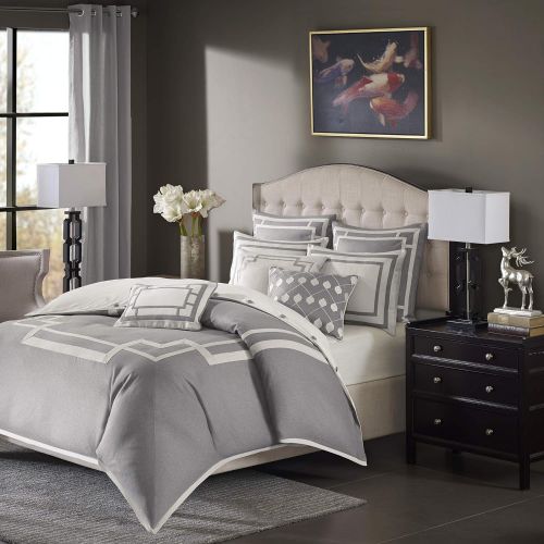  MADISON PARK SIGNATURE Madison Park Signature Savoy Queen Size Bed Comforter Duvet 2-In-1 Set Bed In A Bag - Grey , Geometric  8 Piece Bedding Sets  Ultra Soft Microfiber Bedroom Comforters