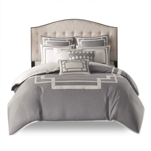  MADISON PARK SIGNATURE Madison Park Signature Savoy Queen Size Bed Comforter Duvet 2-In-1 Set Bed In A Bag - Grey , Geometric  8 Piece Bedding Sets  Ultra Soft Microfiber Bedroom Comforters