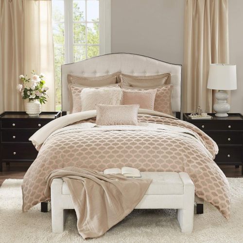  MADISON PARK SIGNATURE Madison Park Signature Romance Queen Size Bed Comforter Duvet 2-In-1 Set Bed In A Bag - Pink Blush , Jacquard  8 Piece Bedding Sets  Ultra Soft Microfiber Bedroom Comforters