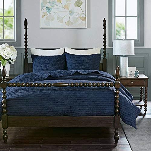  MADISON PARK SIGNATURE Serene King Size Quilt Bedding Set - Navy Blue, Quilted  3 Piece Bedding Quilt Coverlets  100% Cotton Voile Bed Quilts Quilted Coverlet