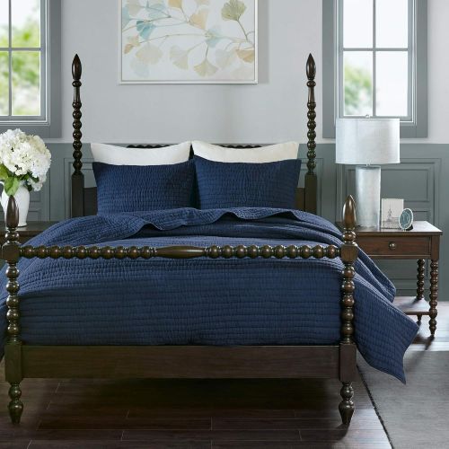  MADISON PARK SIGNATURE Serene King Size Quilt Bedding Set - Navy Blue, Quilted  3 Piece Bedding Quilt Coverlets  100% Cotton Voile Bed Quilts Quilted Coverlet