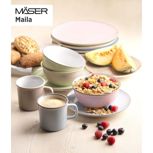  MAESER Maser 931236 Serie Maila, Fruehstuecksset 12-teilig, Keramik Geschirr-Set fuer 4 Personen, Rosa / Grau