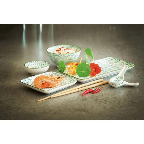  MAESER Maser, Serie Dalian, Sushi Set 7-tlg, Porzellan Geschirr-Set dekoriert in den Farben Tuerkis und Weiss, inkl Esstabchen