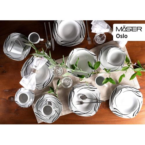  MAESER Maser 920673 Serie Oslo, 12-teiliges Teller-Set fuer 6 Personen aus Porzellan, Tafelservice klassisch, zeitlos, elegant, schwarz-weiss