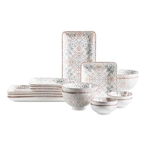  MAESER Maser, Serie Nantes, Snackingset 16-teilig, Grau und Rosa Porzellan Geschirr Set, Mueslischale, Schalchen, Platten fuer 4 Personen