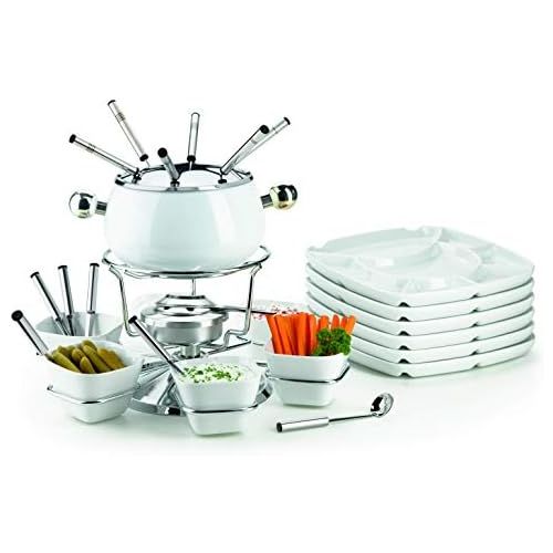  MAESER Maser 931228 Fondue-Set 28-teilig, weisser Fonduetopf inklusive Spritzschutz, Fonduegabeln, Schalchen und Fondueteller fuer 6 Personen